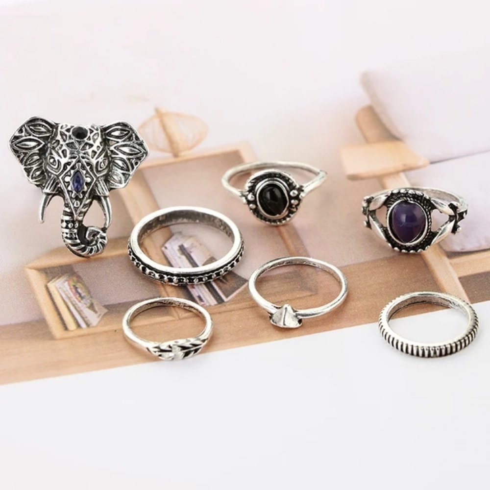 🍁4/$25🍁 7 pc. Boho Elephant Ring Set - Picture 3 of 3